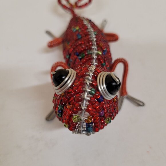 Red Beaded Wire Gecko Lizard Sculpture 5.5'' Long Chameleon Folk Are Figurine - Picture 6 of 8